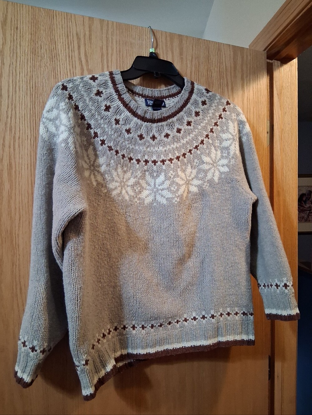 vintage Lands' End knit wool sweater, rustic, thick Fair Isle or Nordic Snowfake